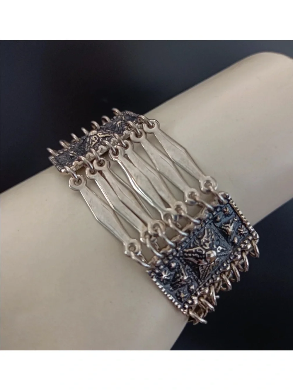 Mexico Art Deco Wide Panel Link Bracelet Signed Bohemian